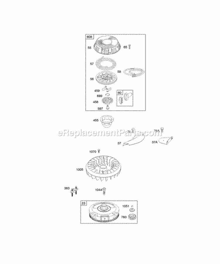 Flywheel Rewind Starter Diagram and Parts List for 28BH76-0114-E1  Briggs and Stratton Engine